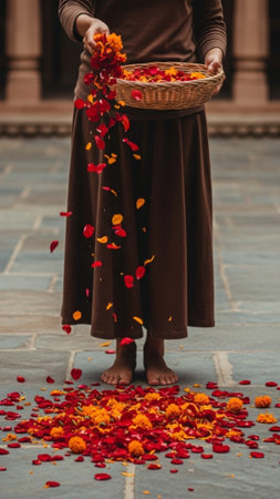 Editorial quality image of a full-body view of a person engaged in a ritual, scattering collected roの素材