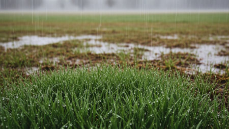 An editorial, panoramic photograph capturing the immense scale and intimate detail of an April rainsの素材