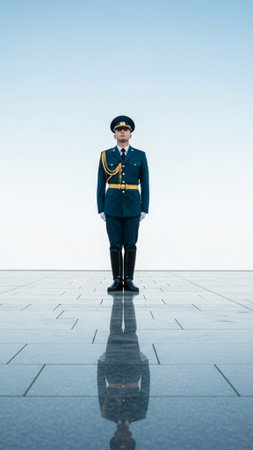 An imposing full-length editorial photograph capturing a soldier in a strict ceremonial uniform stanの素材
