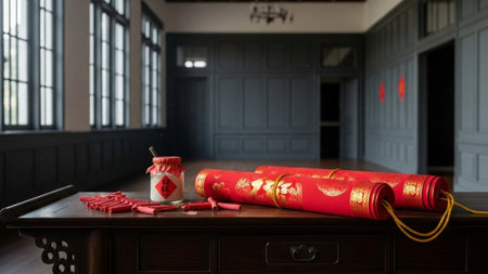 A cinematic wide shot (16:9) of a traditional, elegant foyer or living hall during Lunar New Year prの素材