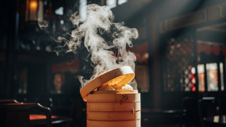 A cinematic wide shot capturing the ambiance of a bustling Chinese New Year banquet hall. The main sの素材