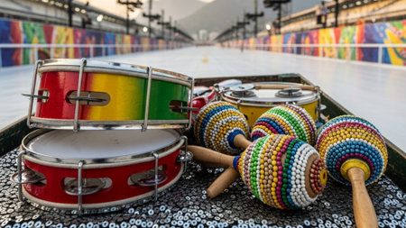 An ultrawide 16:9 cinematic shot capturing colorful percussion instruments (pandeiro and shakers) reの素材