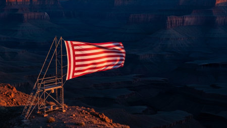 An ultrawide 16:9 cinematic environmental shot depicting a large generic striped banner violently unの素材