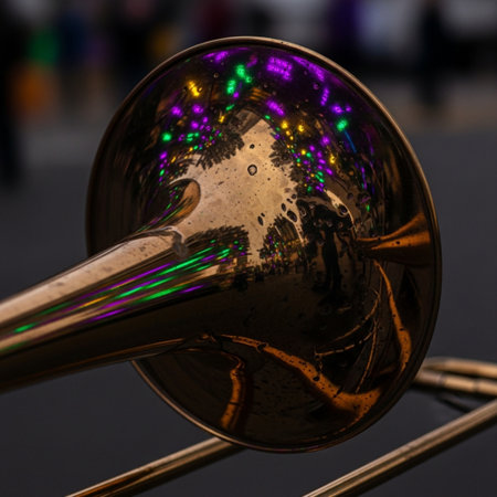 A focused, tight square composition capturing the aged brass surface of a trombone bell. The main feの素材