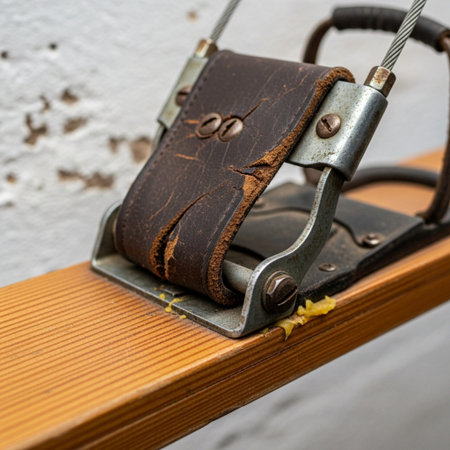 Square composition (1:1) close-up focused entirely on the Hero Detail of a traditional wooden ski: tの素材