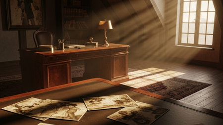 An atmospheric, wide-angle cinematic view of a dimly lit, high-ceilinged European study bathed in drの素材