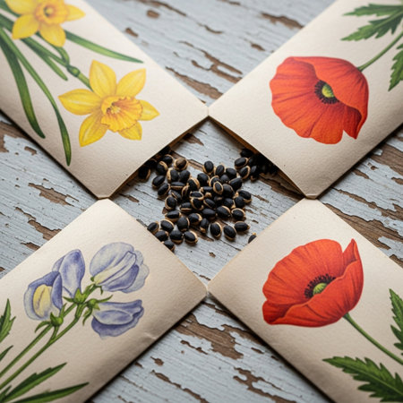 Extreme close-up (macro) of four vintage flower seed packets arranged in perfect symmetry, forming aの素材