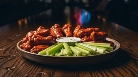 A cinematic ultrawide shot (16:9) capturing a platter of buffalo wings and celery sticks in the atmoの素材