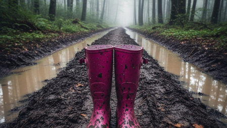 Cinematic wide shot showing bright magenta rubber boots covered in mud on a wet, rutted forest path.の素材