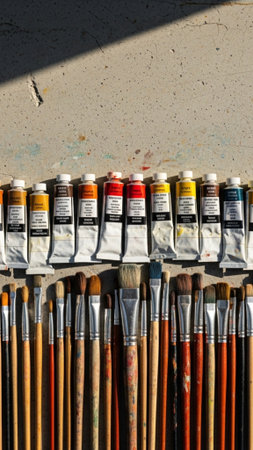 A full-height vertical composition featuring a detailed collection of paint tubes in earthy tones (oの素材