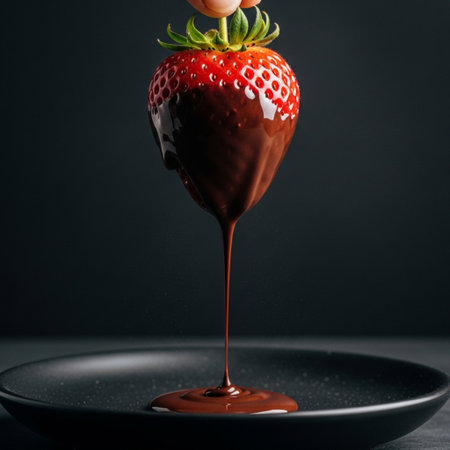 A centered, intimate hero detail shot capturing the moment melted dark chocolate drips dramaticallyの素材