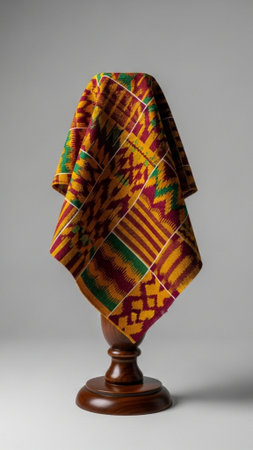 A tall, vertical still life arrangement featuring a highly textured Kente textile draped over a darkの素材