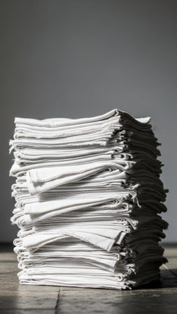Still life, vertical format (9:16). A tall stack of pristine white, antique cotton rags poised on aの素材