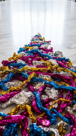 Abstract pattern created by intertwined streamers and confetti scattered on a reflective marble flooの素材