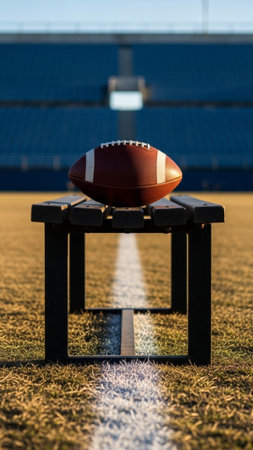 An editorial, high-definition vertical image showing a football resting on a dilapidated wooden sideの素材