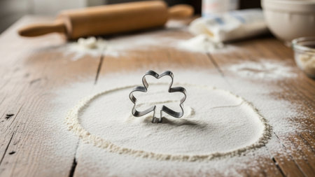 An ultrawide 16:9 cinematic environmental shot showing a shiny shamrock-shaped sugar cookie cutter rの素材