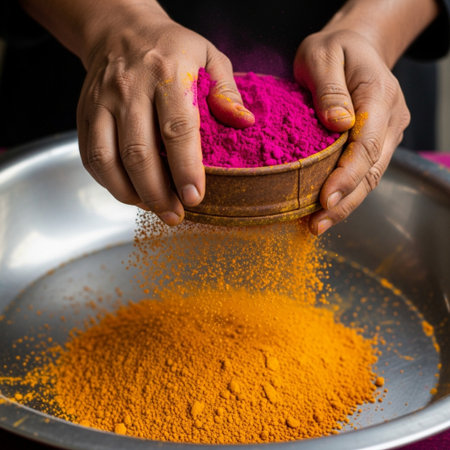 Square 1:1 close-up of hands sifting bright magenta and yellow herbal colored powders (Abir) throughの素材