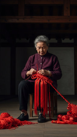 A vertical, tall composition capturing the full body of an East Asian elderly woman dedicated to traの素材