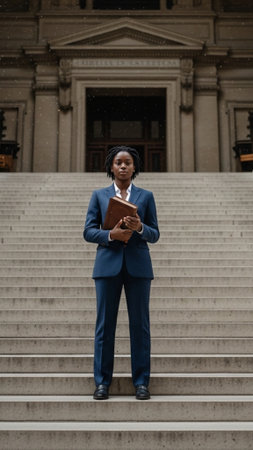 A striking vertical full body editorial photograph featuring a young Black woman standing on the widの素材