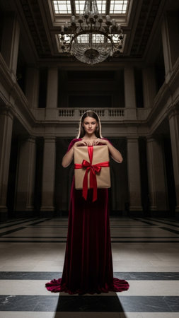 A vertical, tall 9:16 composition featuring a full body shot of a solitary woman in a dramatic crimsの素材