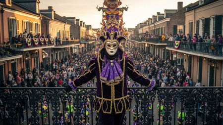 Panoramic cinematic photograph of Mardi Gras in New Orleans captured at twilight. The scene capturesの素材