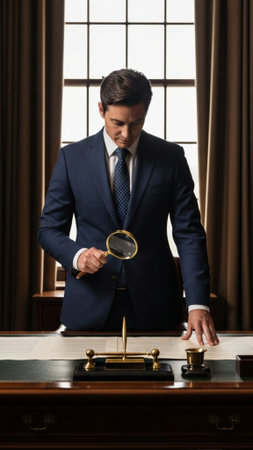 A focused, full-body portrait of a corporate auditor or lawyer standing at an expansive dark wood deの素材