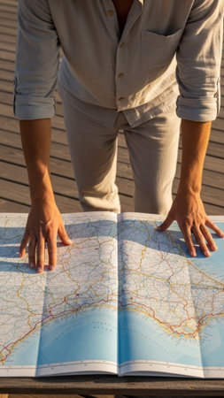 A vertical full-body composition (9:16) featuring a traveler actively engaged in route planning. Theの素材