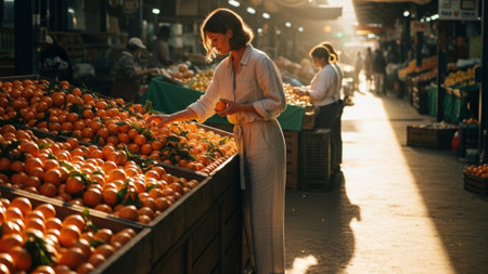 A cinematic wide shot capturing a woman in the middle ground selecting vibrant mandarin oranges fromの素材