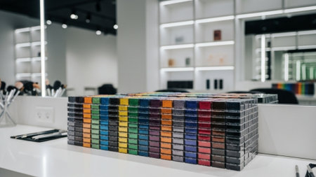 A panoramic, ultra-wide view of a high-end professional makeup studio's inventory area. The focus isの素材