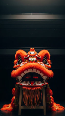 Detailed shot of a traditional Lion Dance costume headpiece resting on a stool backstage, emphasizinの素材