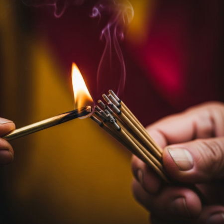 A powerful, centered, square format close-up capturing the exact moment a traditional ritual begins.の素材