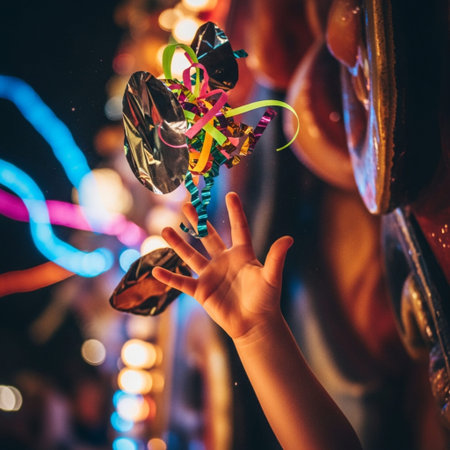 A square, highly detailed raw photograph capturing the pure excitement of a child during a night carの素材