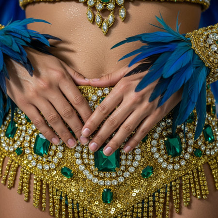A focused, square crop highlighting the luxurious and tactile details of a Samba dancer's costume. Tの素材