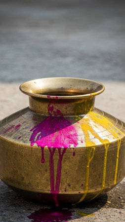 A tall, vertical editorial composition featuring a traditional Indian brass Lota, weathered and tarnの素材