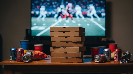 Stack of small, square pizza boxes (generic takeout branding - Super Bowl) captured in a cinematic wの素材