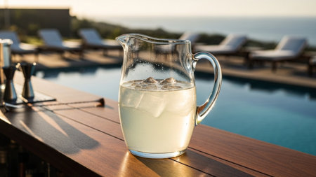 An ultrawide 16:9 panoramic shot capturing a clear glass pitcher of simple syrup on a resort bar couの素材