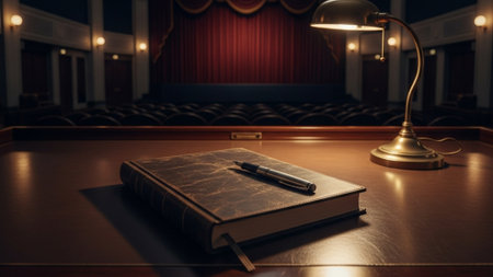 Heavy, leather-bound notebook used for recording film critiques placed on a director's desk within aの素材