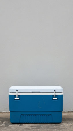 A striking vertical editorial image of a sturdy, unbranded, closed cooler resting on rough concrete,の素材