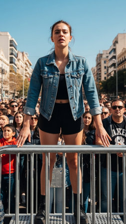 A striking vertical full-body editorial photograph capturing the moment of intense anticipation of aの素材