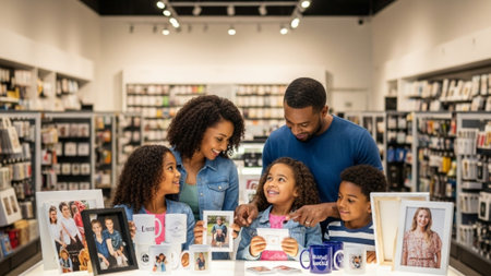 A cinematic wide environmental shot showing a family of four browsing custom photo gifts (mugs, canvの素材