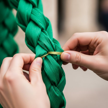 A hero detail shot featuring two hands handling textured green and gold crepe paper garland decoratiの素材