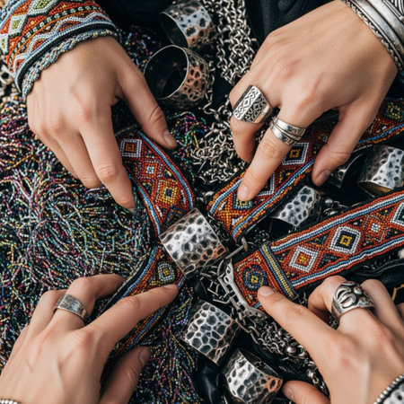 Square composition (1:1). Hero detail shot focused on three hands selecting festival accessories. Viの素材