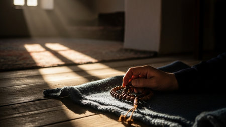 Cinematic wide environmental photograph (16:9) showing a hand engaged in prayer or meditation, countの素材