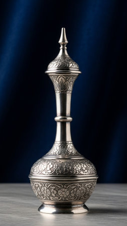 A vertical, full-body studio shot of an ornate antique silver rosewater sprinkler (Gulabdan). The obの素材