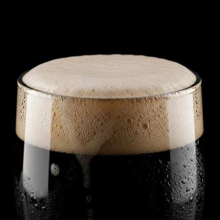 A hyper-detailed, centralized close-up study of the separation line between dark, near-black stout bの素材