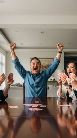 A group of four adults seated around a table playing Lunar New Year card games. They are captured inの素材