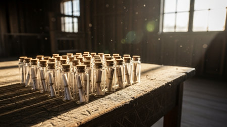 A cinematic wide environmental shot (16:9) capturing a collection of miniature glass vials, each conの素材