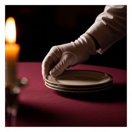 This hero detail shot captures the precise moment of table preparation in an intimate restaurant setの素材