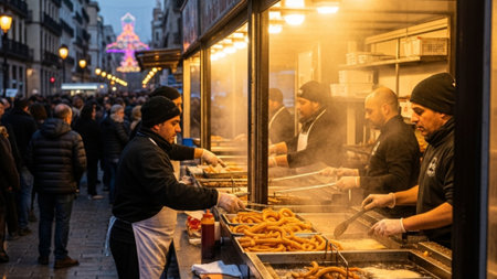 An ultrawide, cinematic shot of a busy food stall in Valencia during the Las Fallas festival twilighの素材