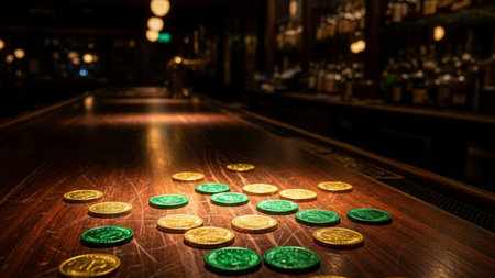 An environmental, cinematic wide-angle photograph capturing a scattered cluster of green and gold foの素材
